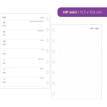 Diář Fleppi Náplň do diáře - Kalendář 2026, T1S čistý + tečkované poznámky vpravo (208) Vyberte velikost náplně: HP mini