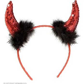 Karnevalový doplněk Čertí rohy - červené flitry s černým chmýřím