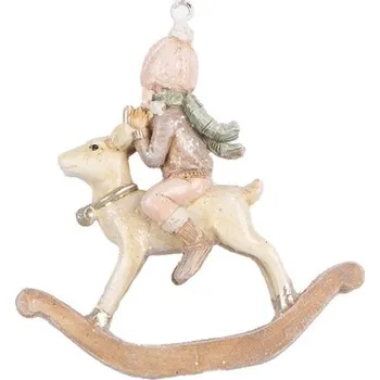 Vánoční dekorace Béžovo-růžová závěsná dekorace děvčátko na houpacím jelínkovi - 8*3*9 cm
