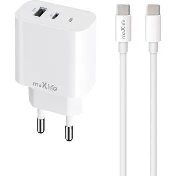OEM0101315 Maxlife MXTC-06-30AC PD QC charger 1x USB-C 1x USB 30W white + USB-C - USB-C cable 60W