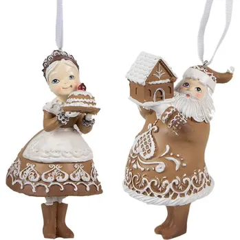 Vánoční ozdoba Sada 2 vánočních ozdob z plastu perníkový Santa Claus s paní Clausovou – 13 cm
