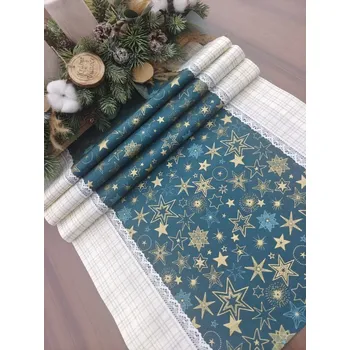 ubrus Běhoun - vánoční ubrus zlaté hvězdičky na tyrkysové | 42 x 134 (Rozměr: 42 x 134 cm)