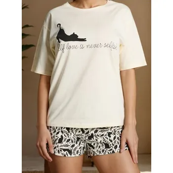 Dámské noční prádlo Sinsay - Dvoudílné bavlněné pyžamo - krémová - 183FM-01X - 183FM-01X-L