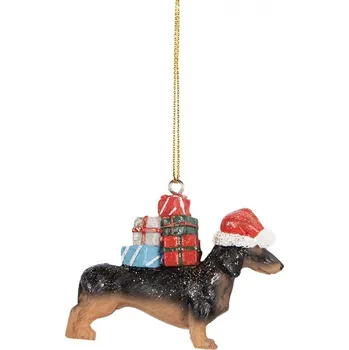Vánoční dekorace Hnědá závěsná dekorace jezevčík Dachshund s dárečky - 7*2*6 cm