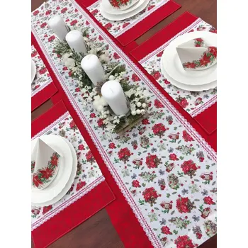Vánoční dekorace Vánoční sada pro 5 osob - běhoun, 5 prostírání - vánoční hvězda v kombinaci s červeným mramorem