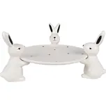 Černo-bílý keramický podnos s podstavcem ve tvaru tří králíčků Rabbit Party – 24x23x12 cm