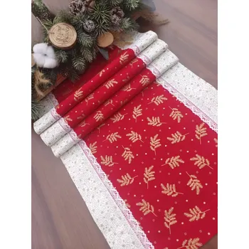 ubrus Běhoun - vánoční ubrus zlaté větvičky na červené 34 x 126 cm