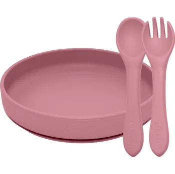 dětská jídelní sada Petite & Mars Set jídelní silikonový Take Match 2 ks talíř + příbor 6m+ Dusty Rose