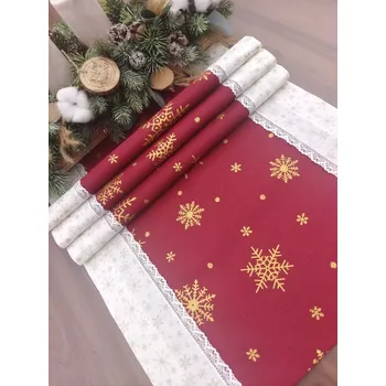 ubrus Běhoun - vánoční ubrus velké zlaté vločky na vínové | 42 x 137 (Rozměr: 42 x 137 cm)