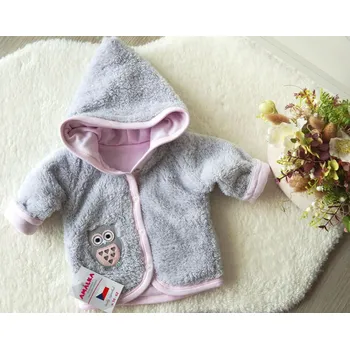 Kojenecká bunda AMÁLKA Chlupatý zateplený kabátek šedý, růžová podšívka Velikost: 74-80