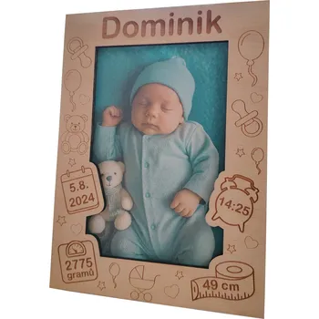 Rám na obraz Dřevěný fotorámeček se jménem a porodními údaji dítěte 2 Velikost: střední (foto 13x18)