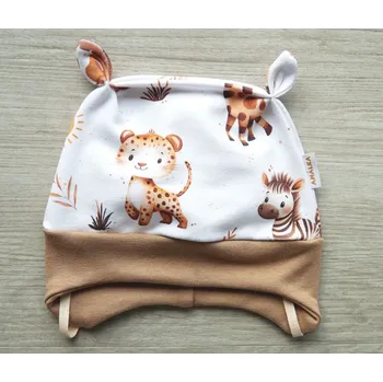 Kojenecké oblečení AMÁLKA Elastická čepička teplákovina, zvířátka Safari Velikost: 74-80
