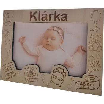 Rám na obraz Dřevěný fotorámeček se jménem a porodními údaji dítěte 4 Velikost: malý (foto 10x15)