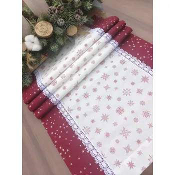 ubrus Běhoun - vyšívané červené vločky na bílé se stříbrnými hvězdičkami na vínové | 42 x 139 (Rozměr: 42 x 139 cm)