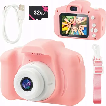 Digitální fotoaparát Dětský digitální fotoaparát růžový 1080p Selfie + SD karta 32GB