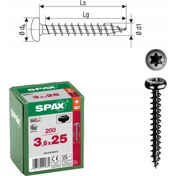 Vrták Šrouby do dřeva SPAX 3,5x25 mm, plný závit, talířová hlava, černé, 200 ks