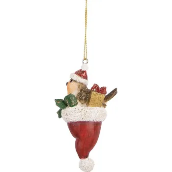 Vánoční dekorace Béžová závěsná dekorace ptáček v červené čepce - 5*3*9 cm