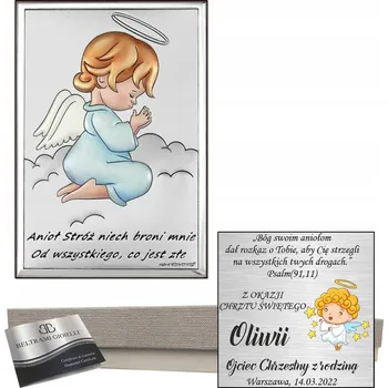 Obraz STŘÍBRNÝ OBRÁZEK DÁREK KE KŘTINÁM SVATÝ ANDĚLÍČEK Anděl strážný S GRAVÍROVÁNÍM