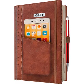 Kalendář KNIŽNÍ KALENDÁŘ A5 DENNÍ 2026 KAPSA GUMIČKA PROPISKA HNĚDÝ