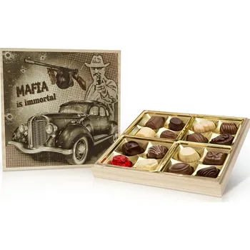 Bonboniéra Selllot, s.r.o., K Hájům 34, 155 00 Praha 5 - Vyrobeno v Belgii Retro cars MAFIA - belgické pralinky v dřevěné dóze 200 g