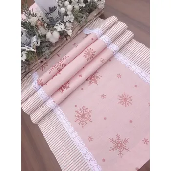 ubrus Běhoun - vánoční ubrus velké zlaté vločky na růžové | 42 x 140