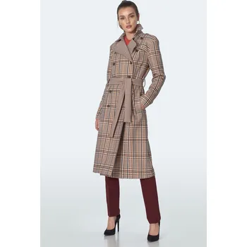 Dámský kabát Dvouřadový kostkovaný kabát s límcem a páskem v pase Barva: Béžová, Velikost: L