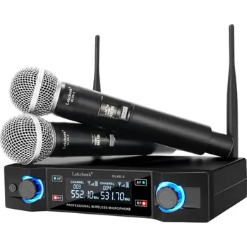 Mikrofon Profesionální bezdrátový karaoke mikrofonní systém 2 mikrofony 24x5 cm přijímač 20,6x15,6x4,2 cm dosah 50 m XLR 6,35 mm kabel adaptér