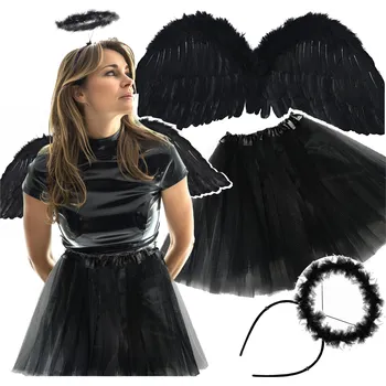 Karnevalový kostým Černá křídla svatozář černý anděl kostým halloween andělka čertice