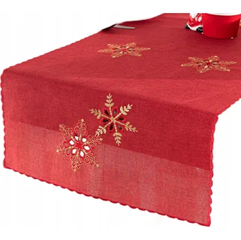 ubrus Běžec na stůl, červený ubrus s výšivkou zlatých sněhové vločky, obdélníkový, 40x140 cm
