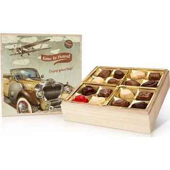 Bonboniéra Selllot, s.r.o., K Hájům 34, 155 00 Praha 5 - Vyrobeno v Belgii Retro Cars Time to travel - belgické pralinky v dřevěné dóze 400g