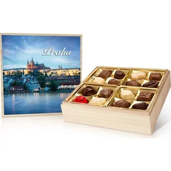 Bonboniéra Selllot, s.r.o., K Hájům 34, 155 00 Praha 5 - Vyrobeno v Belgii Praha barevná - belgické pralinky v dřevěné dóze 400g