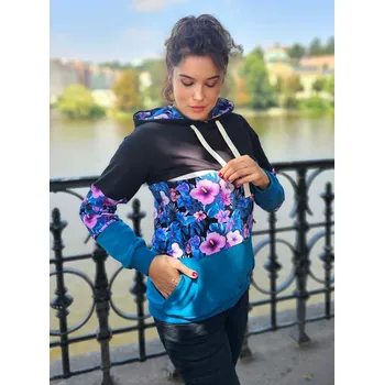 Těhotenská mikina Těhotenská a kojicí mikina 3v1 Pacific Ibis Flowers – černá & petrolej, květinová, bavlna Velikost: L