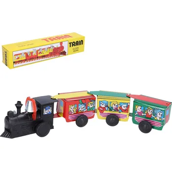 Vláček a vláčkodráha _Ostatní 1_ Vlak kovový 28cm natahovací na klíček mašinka + 3 vagony v krabici 35804