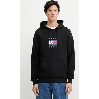 Pánská mikina Bavlněná mikina Tommy Hilfiger pánská, černá barva, s kapucí, s potiskem, MW0MW41332 99X, vel. S