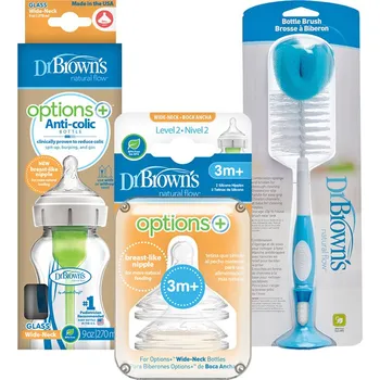 teploměr do vody pro miminko DR.BROWN’S Láhev kojenecká sklo 270ml +Savičky náhradní na láhev level-2 2ks +Kartáč na láhve modrá
