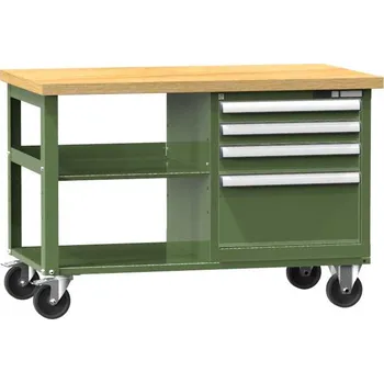 Dílenský stůl Mobilní pracovní stůl 1200 x 700 mm, nosnost 380 kg, 1 x police, 4 x zásuvka, barva zelená RAL6011