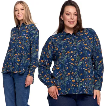 Dámská košile Moraj dámská košile s dlouhým rukávem, rostlinný vzor, modrá, lehká viskózová košile, velikost S