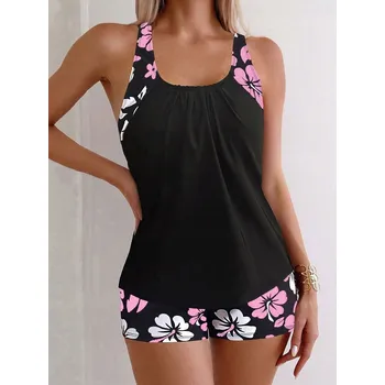 Dámské plavky Dámské dvoudílné plavky sexy černé tankini s květinovým vzorem