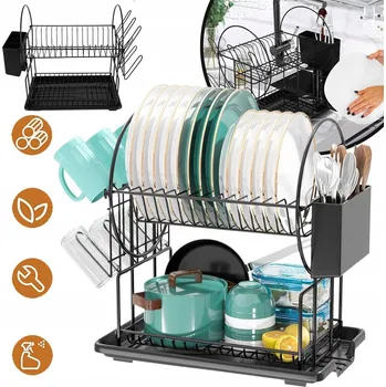 Odkapávač na nádobí ODKAPÁVAČ NA NÁDOBÍ STOJÍCÍ DVOUÚROVŇOVÝ VELKÝ ČERNÝ ODKAPÁVAČ NA NÁDOBÍ