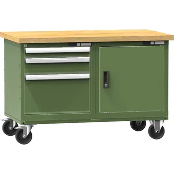 Dílenský stůl Mobilní pracovní stůl 1200 x 700 mm, nosnost 380 kg, 1 x police, 3 x zásuvka, 1 x dvířka, barva zelená RAL6011