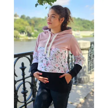 Těhotenská mikina Těhotenská a kojicí mikina 3v1 Meadow Flowers – růžová & černá, květinová, bavlna Velikost: M