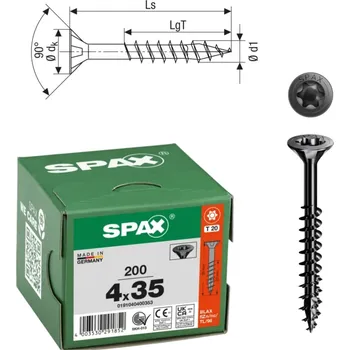Vrut Vruty do dřeva SPAX 4x35mm torx, částečný závit, zápustná hlava, černé, 200 ks