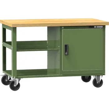Dílenský stůl Mobilní pracovní stůl 1200 x 700 mm, nosnost 400 kg, 2 x police, 1 x dvířka, barva zelená RAL6011