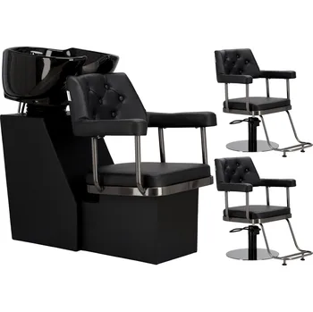 Kadeřnické křeslo Sada kadeřnická myčka a 2x hydraulické otočné kadeřnické křeslo s opěrkou nohou do kadeřnického salonu, pohyblivá keramická mísa, armatura, baterie, sprchová hlavice 1-ZF-042002