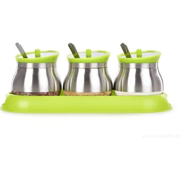 Dóza na potraviny BOROSIL | Sada 3 ks 280 ml skleněných dóz na potraviny a koření s víčkem, nerez lžičkami a podstavcem | zelená