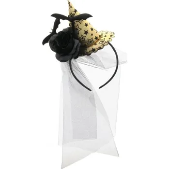 Karnevalový kostým Čelenka Čarodějnický klobouk se závojem, zlatý