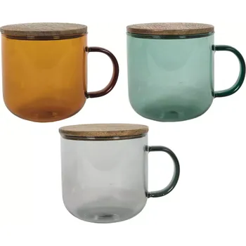 Hrnek z borosilikátového skla, akáciové víčko, různé barvy, objem: 0,35 litru, výška: 80 mm, průměr: 80 mm