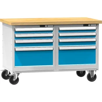 Dílenský stůl Mobilní pracovní stůl 1200 x 700 mm, nosnost 340 kg, 8 x zásuvka, barva šedá RAL7035/modrá RAL5012