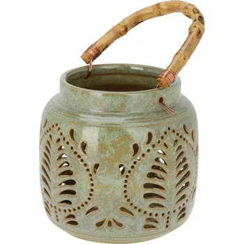 Svícen Lucerna porcelánová s bambusovým madlem 14,5 x 14 cm, zelená