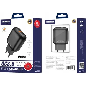 JELLICO síťová nabíječka C32 18W 1xUSB QC3.0 + USB-C kabel Černá #214